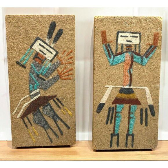 Vintage Hand Painted Native American Sand Art Tiles Kachina Designs Wall Plaques - Picture 1 of 7